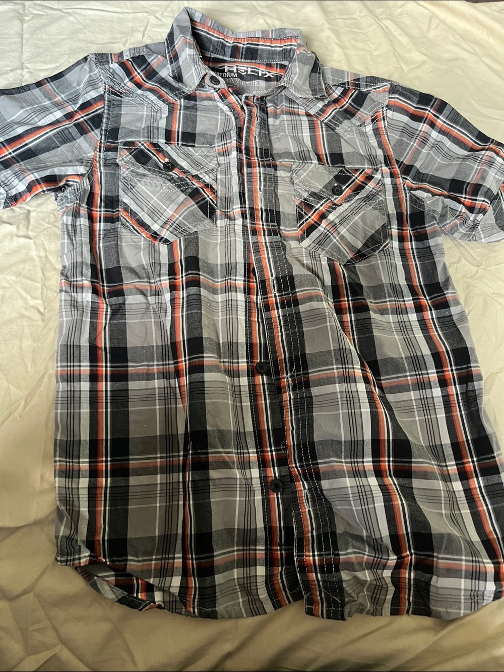 Helix Boys Black, Gray & Orange Plaid Short-Sleeve Button-Down Shirt